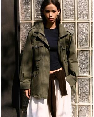 Bershka Parka Jacket With Pockets And Funnel Neck - Green