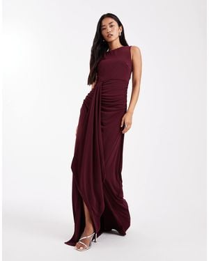 Six Stories Bridesmaids Stretch High Neck Sleeveless Maxi Dress With Ruched Front - Red