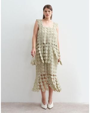 ARRANGE Curve Metallic Circle Fringe Column Midi Dress - Natural