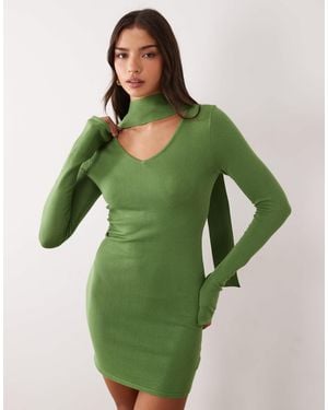 Kaiia Exclusive Knitted Scarf Detail Flare Sleeve Mini Dress - Green
