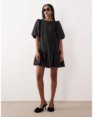 Gina Tricot Short Balloon Volume Sleeve Peplum Mini Dress - Black