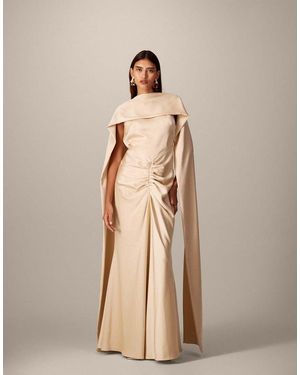 ARRANGE Pleated Waist High-neck Back-drape Satin Maxi Dress - Natural