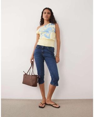 ASOS Off Shoulder Cinched Waist Top With Lily Flower Graphic - Blue