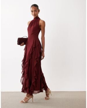 LACE & BEADS High Neck Backless Ruffle Maxi Dress - Red