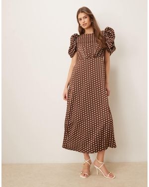 Y.A.S Ruched Puff Sleeve Detail Satin Midi Dress - Brown