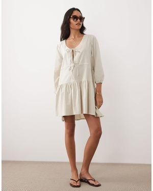 esmé studios Esmee Linen Mix Long Sleeve Tiered Mini Tie Front Beach Dress - Multicolour