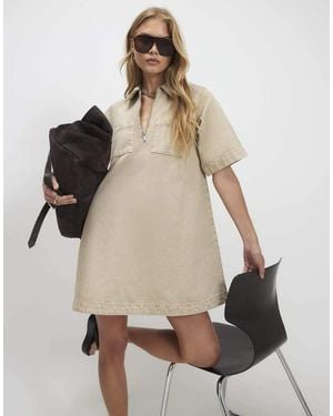 River Island Denim Zip Front Dress - Natural