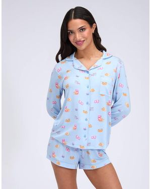 Boux Avenue Breakfast Print Modal Short Pyjama Set With Revere Collar - Blue