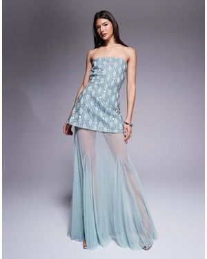 ASOS Premium Cutwork Embellished Structured Maxi Dress With Sheer Full Skirt - Blue