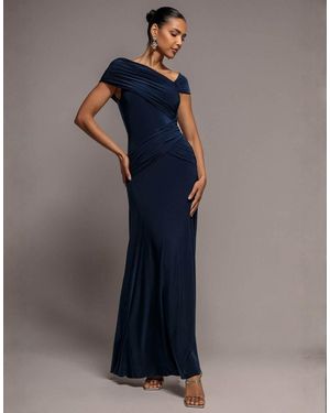Goddiva Asymmetric Neck Gathered Waist Maxi Dress - Blue