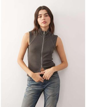 Weekday Mock Neck Zip Through Sleeveless Top - Grey