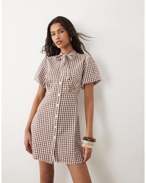 Wednesday's Girl Tie Collar Detailed Puff Sleeve Button Mini Dress - Brown