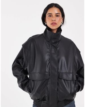 JJXX Funnel Neck Pu Leather Bomber - Gray