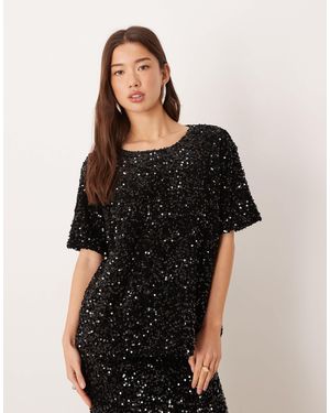 Vila Sequin & Velour T-shirt Co-ord - Black
