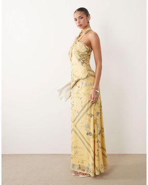 ASOS Drape Detail Halterneck Floral Maxi Dress - Natural