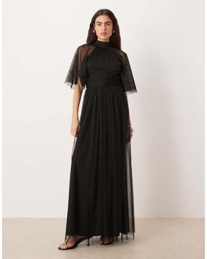 LACE & BEADS Tulle High Neck Sheer Flutter Sleeve Maxi Dress - Black