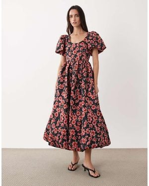Sister Jane Floral Jacquard Puff Sleeve Midi Dress - Blue