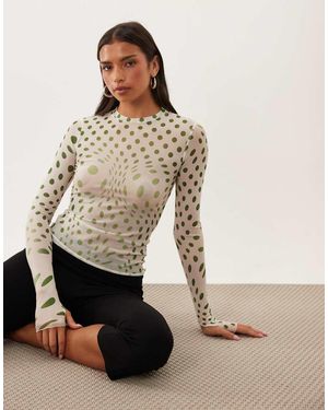 AFRM Top De Manga Larga Con Cuello Redondo De Malla En Blanco Y Lunares Oliva-Verde - Neutro