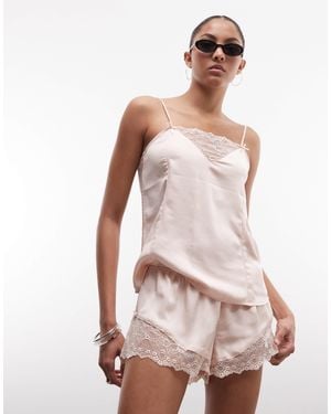 Monki Satin Lace Shorts - Pink