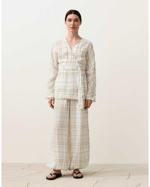 Oysho – kariertes kimono-hemd aus 100% leinen - Natur