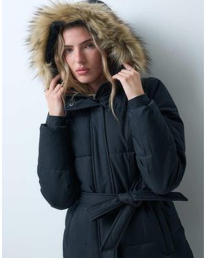 Hollister Belted Puffer Jacket With Fur Hood - Blue