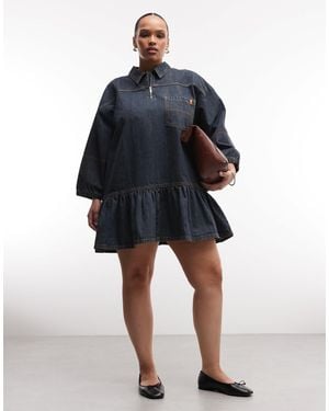Collusion Plus Smock Dress With Puff Sleeves - Blue