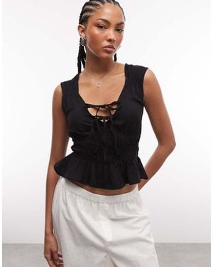 Reclaimed Vintage Tie Front Linen Top - Black