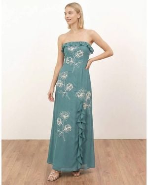 Maya Floral Embroidery Bandeau Maxi Dress - Blue