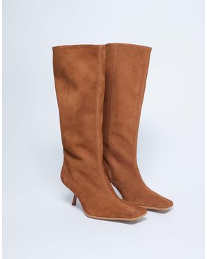 TOPSHOP Scarlett Premium Suede Leather Square Toe Knee High Boot - Brown