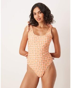 Brave Soul Gingham Scoop Neck Swimsuit - Orange