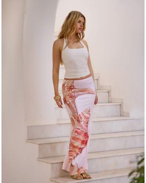 South Beach Sequin Overlay Seashell Printed Maxi Skirt - Pink