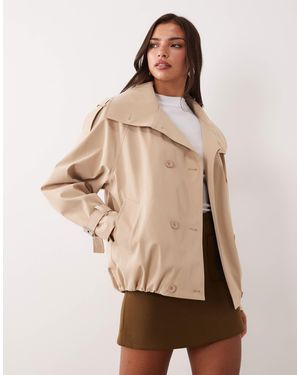 Aria Cove Funnel Neck Belt Sleeve Cropped Trench Bomber Jacket - Natural