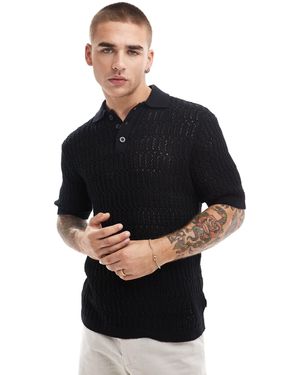 Only & Sons – langärmliges polohemd mit durchbrochenem strickmuster - Schwarz