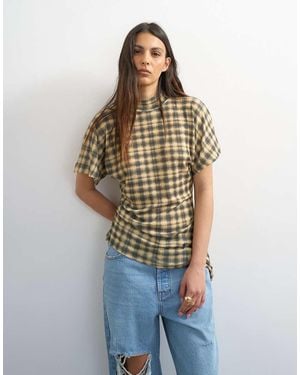 TOPSHOP Mesh Check Funnel Tunic Top - Brown