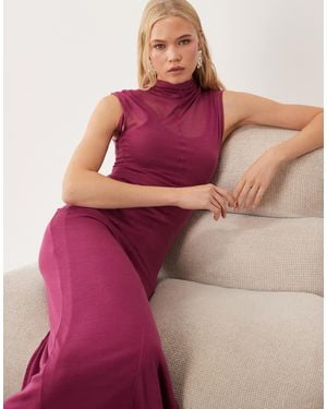 ASOS Semi Sheer Knit Look High Neck Sleeveless Column Maxi Dress - Purple