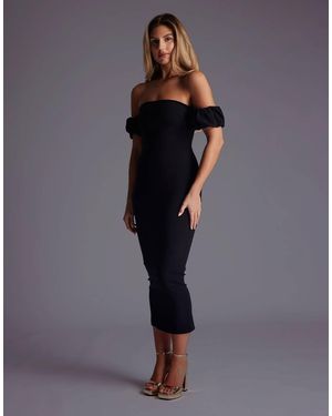 Vesper Bardot Midaxi Dress With Puff Sleeves - Blue