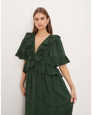 Sister Jane Dream Vanity Jacquard V-neck Maxi Dress With Ruffles - Green