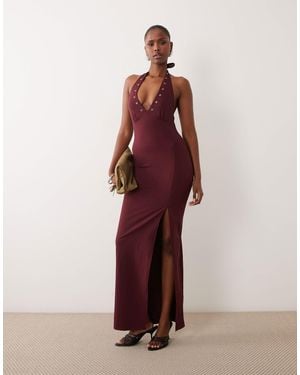 The Frolic Exclusive Bengaline Eyelet Detail Halterneck Plunge Maxi Dress - Red