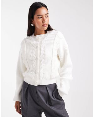 The Frolic Exclusive Cable Knit Pearl Button Through Scallop Trim Cardigan - White