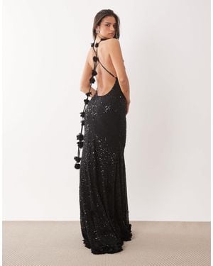 Oh Polly Premium Embellished Plunge Tie Back Floral Detailing Maxi Dress - White