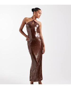 The Frolic Exclusive Sequin Cross Front Halterneck Maxi Dress - Brown