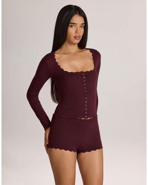 Oh Polly Square Neck Scalloped Edge Long Sleeve Cardigan - Purple