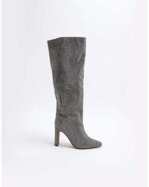 River Island Heatseal Knee High Heeled Boot - Grey