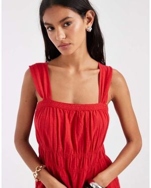 Pieces Wide Strap Cotton Smocked Top - Red