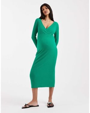 Mama.licious Mamalicious Maternity Nursing Wrap Long Sleeve Ribbed Midi Dress - Green