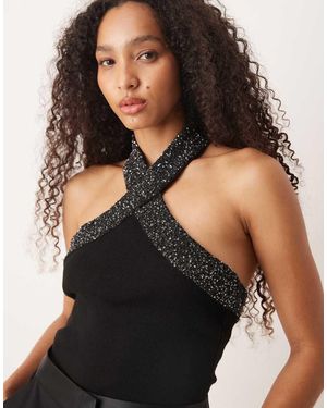 Mango Halterneck Top With Embellished Trim - Black