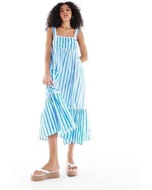 New Look Stripe Tie Back Ruffle Midi Dress - Blue