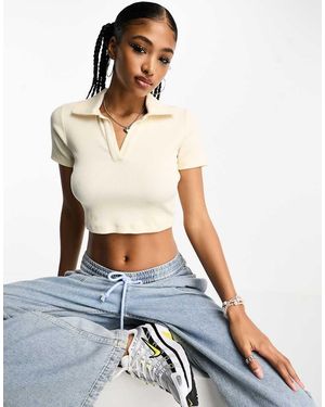 JJXX Ribbed V Neck Cropped Polo Top - Blue