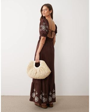 Miss Selfridge Puff Sleeve Maxi Dress With Embroidery - Natural