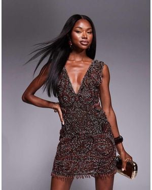 ASOS Plunge Cutout Embellished Mini Dress - Brown